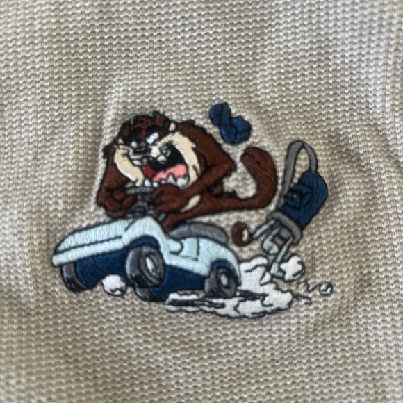 Mens  2001  Polo Golf Shirt Tan 100% Cotton  Vtg  Designated Drive Taz - Picture 2 of 7